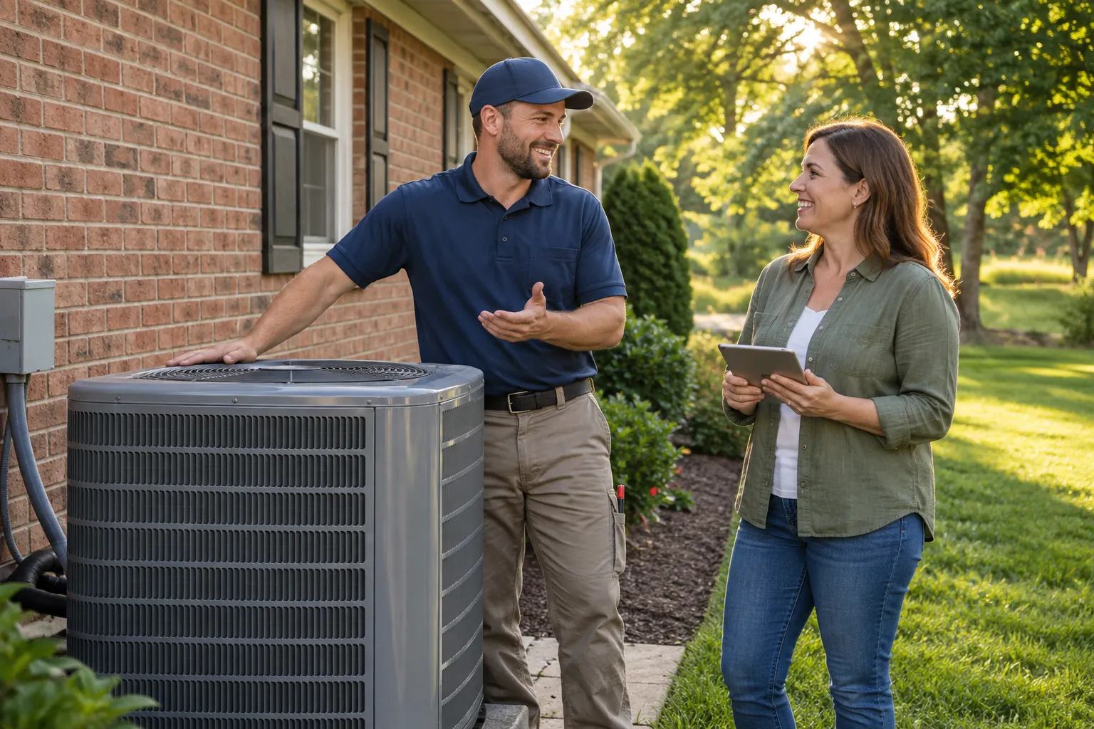 A friendly provider showing a homeowner a new outdoor AC unit beside a ranch home in the Dearborn area