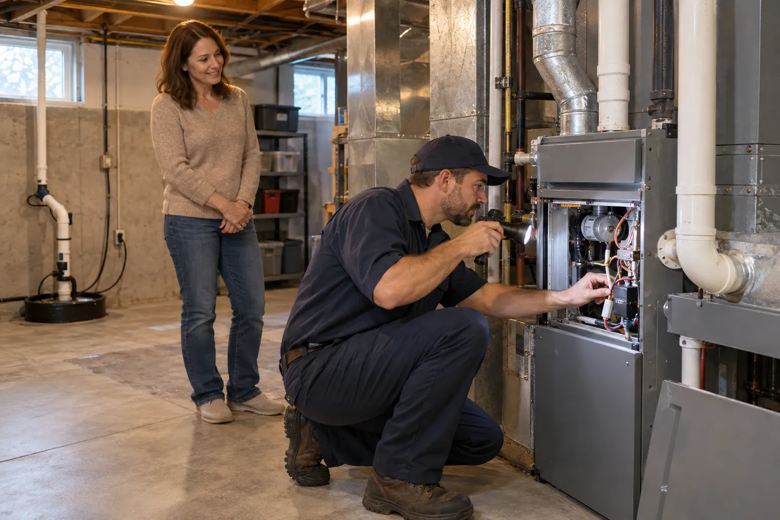 Provider checking a furnace in a basement in the Dearborn area