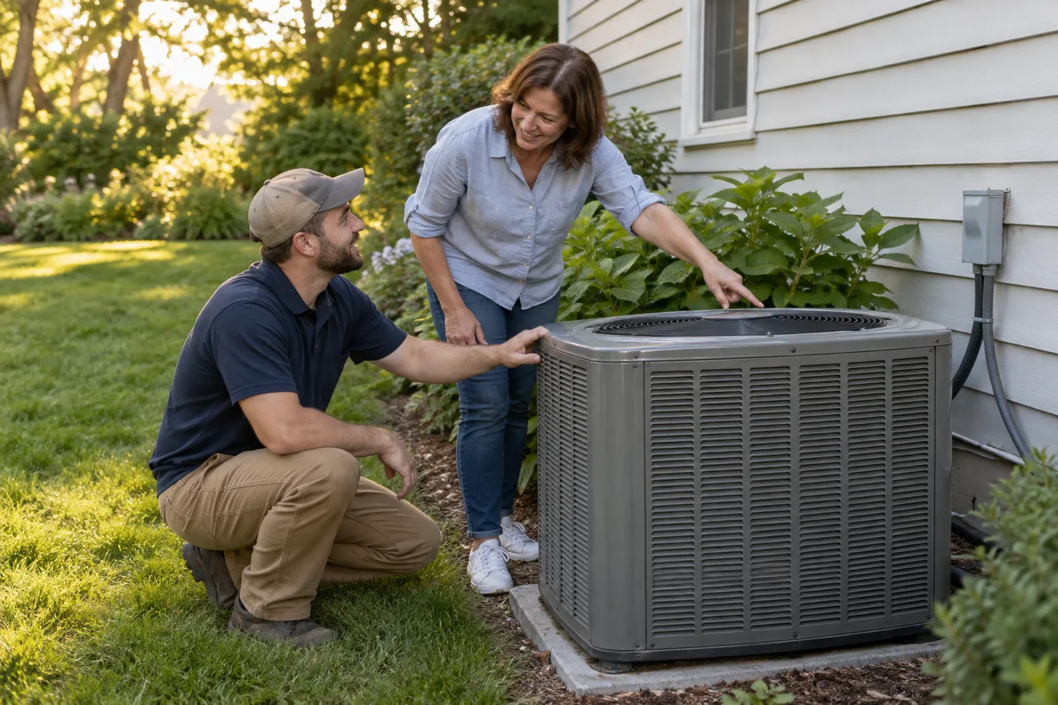 A homeowner talking with a friendly HVAC provider beside an air conditioner in Dearborn